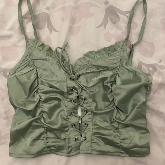 Shiny Green Lace Up Cami Top - Picture 4 of 9